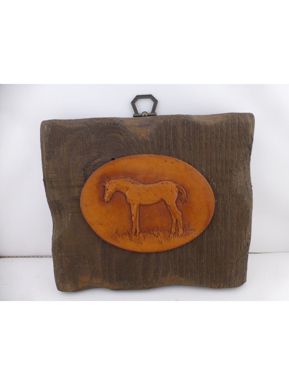 Vintage Hand-Carved Leather Foal Horse Wall Art Plaque on Rustic Wood by C4